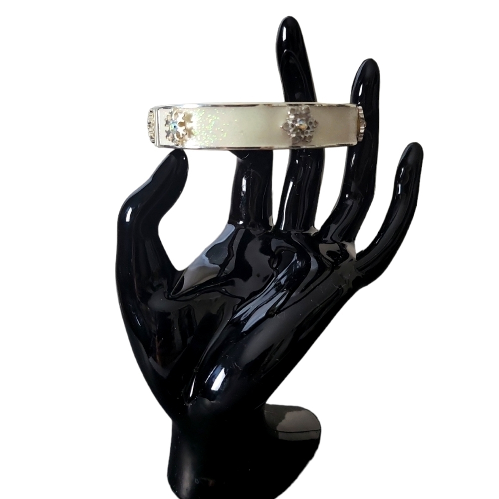 Silver Rhinestone Snowflakes Enamel Cuff Bracelet